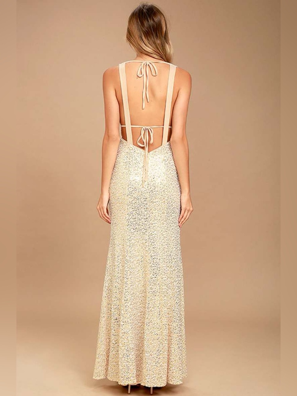 Lulu’s  Wish Granted Beige Sequin Maxi Dress • Large • NWT - Picture 4 of 16